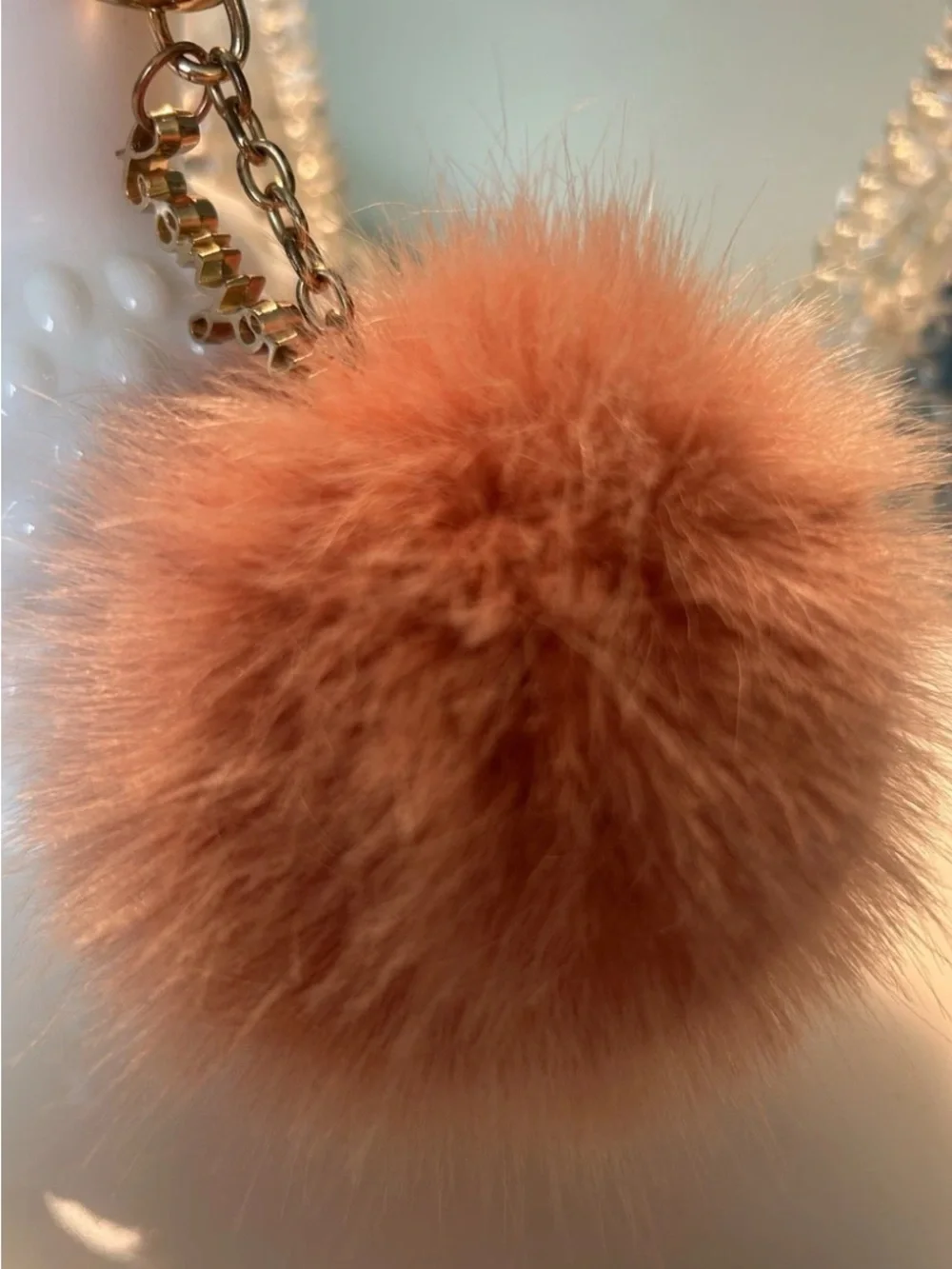 Anthropologie Fluffy Pom Pom Keychain in Blush. Medium. Bonjour Charm Gold Toned